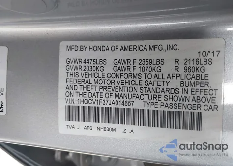 2018 Honda Accord Sport z USA, uszkodzony, nr VIN 1HGCV1F37JA014657